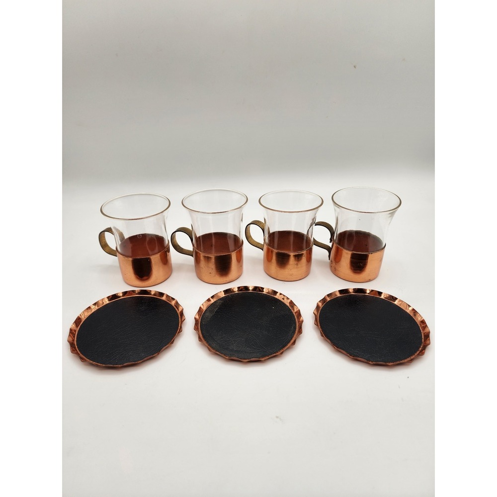 Set of 4 Mid Century Modern‎ Copper Glass Tumblers with Coasters MCM Barware